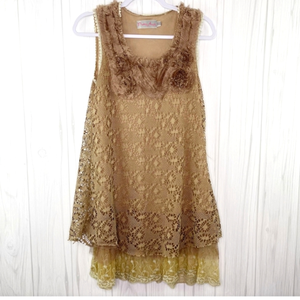 Pretty angel linen layered lace Dress sz small *D4